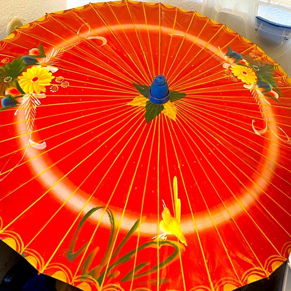 Vintage Asian Oriental Hand Painted Paper Bamboo Floral Design Parasol Umbrella